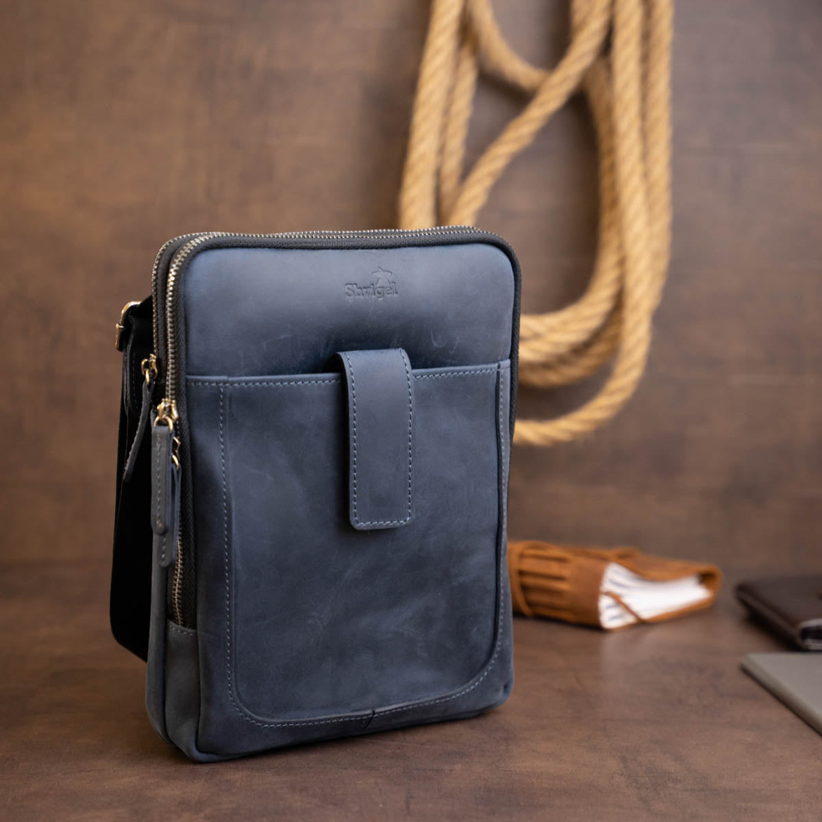 Men's Vintage Leather Tablet Bag SHVIGEL 11284 Blue Dual Compartment Natural Leather