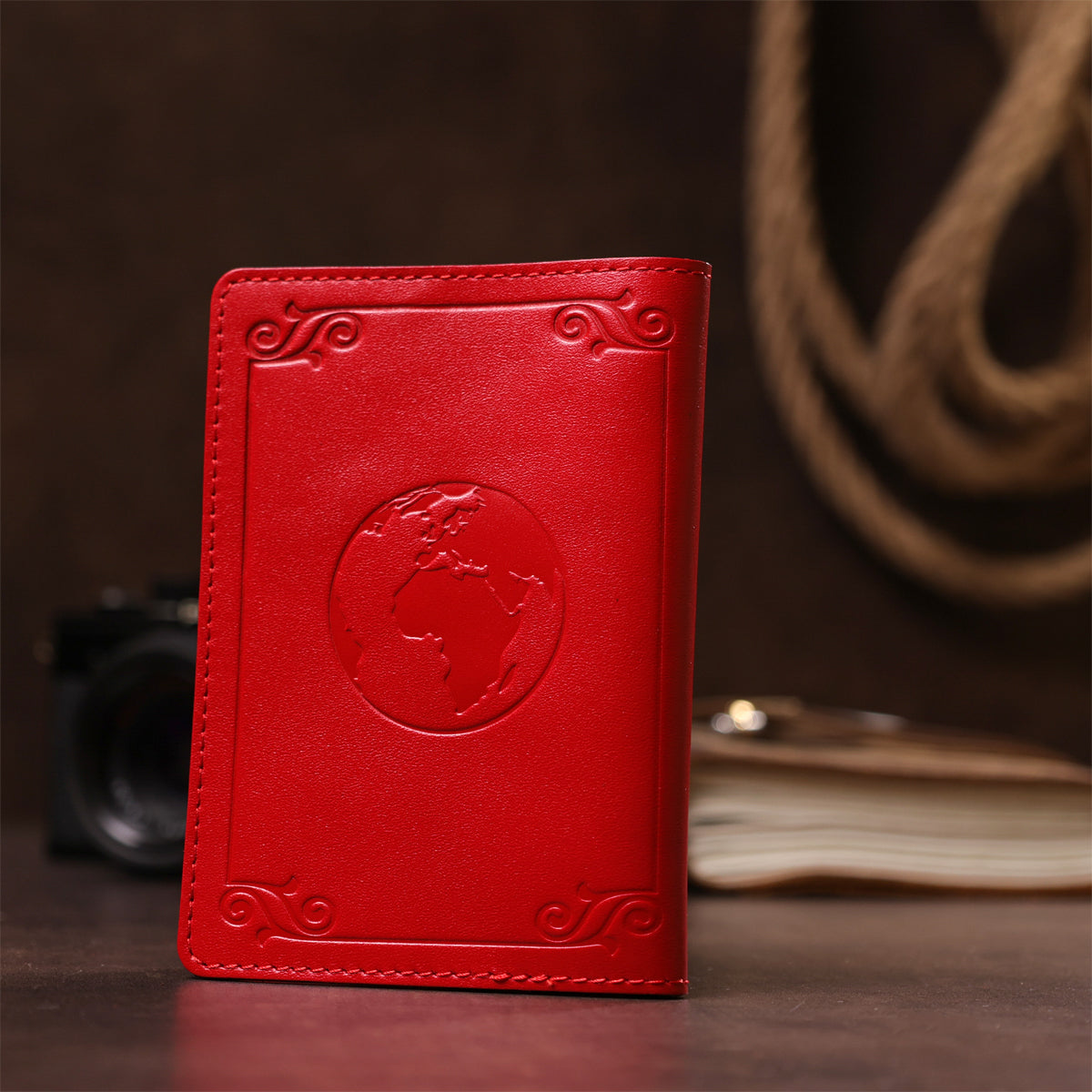 Leather Passport Cover with Card Slot and Frame by SHVIGEL 13981 Red, Genuine Leather