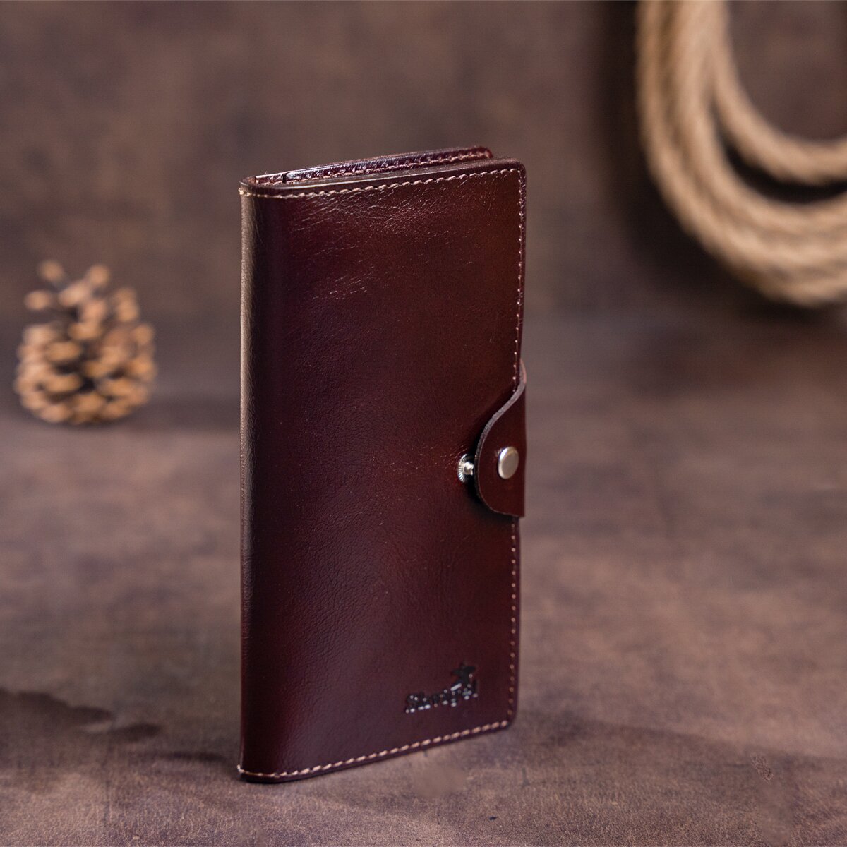Vertical Men's Wallet SHVIGEL 16175 Brown Natural Leather with Snap Closure