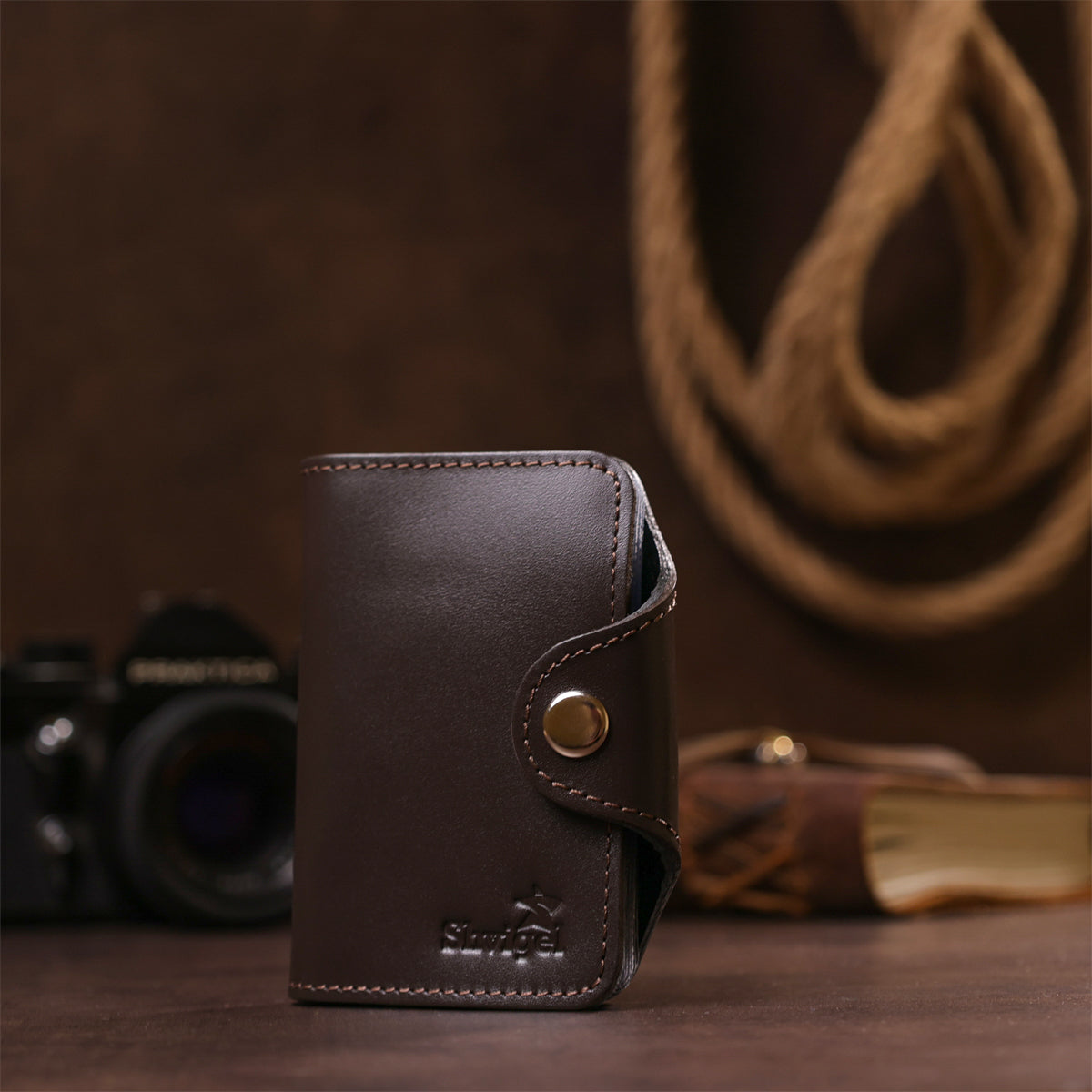 Vertical Card Holder SHVIGEL 13912 Genuine Leather in Brown for Business Cards
