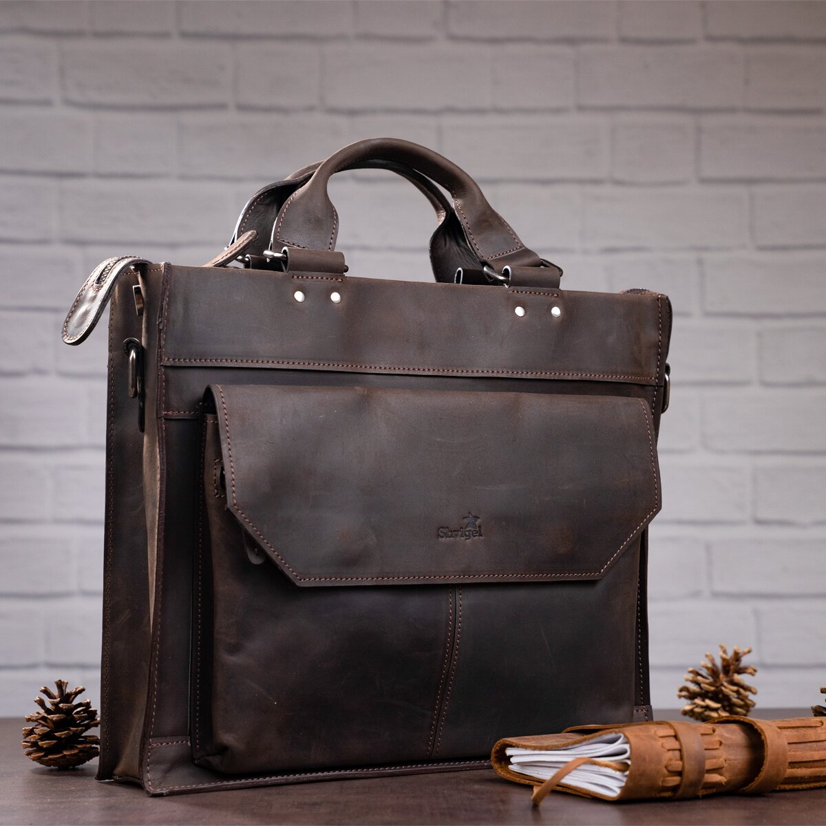 Leather Laptop Bag SHVIGEL 11109 Brown Natural Leather, Made in Ukraine