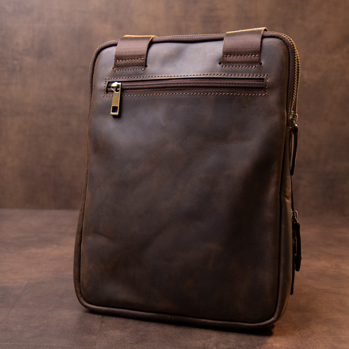 Original SHVIGEL Bag with Zippered Pocket in Matte Brown Leather 11280 - Ukrainian Craftsmanship