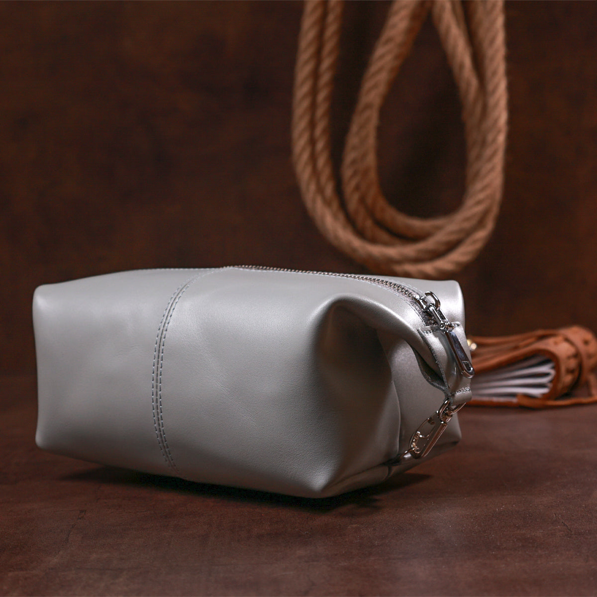 Practical Leather Cosmetic Bag SHVIGEL 16404 Gray Natural Leather Material