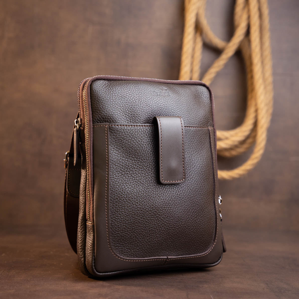 Men's Leather Flotar Tablet Bag SHVIGEL 11286 Brown with Two Compartments