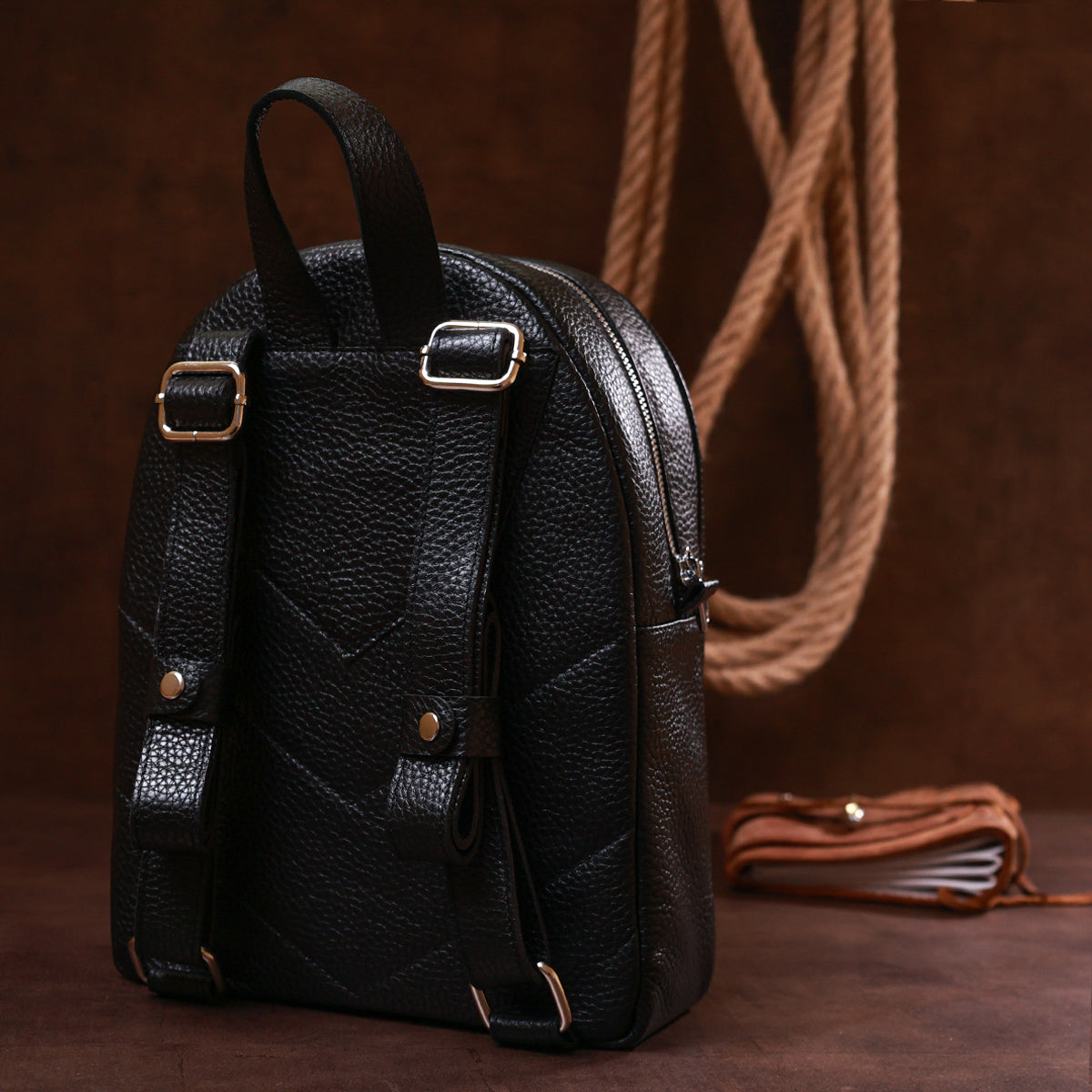 Compact Women's Backpack SHVIGEL 16317 Natural Leather Black Color Stylish Design