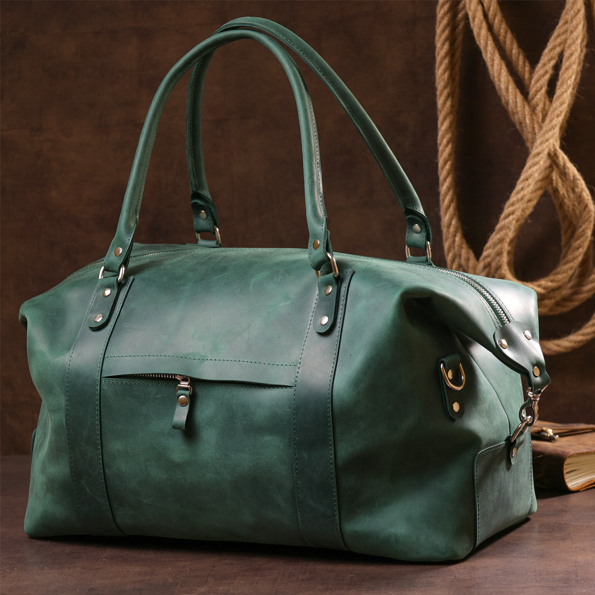Travel Bag SHVIGEL 11128 Green Natural Leather Durable Design from Ukraine