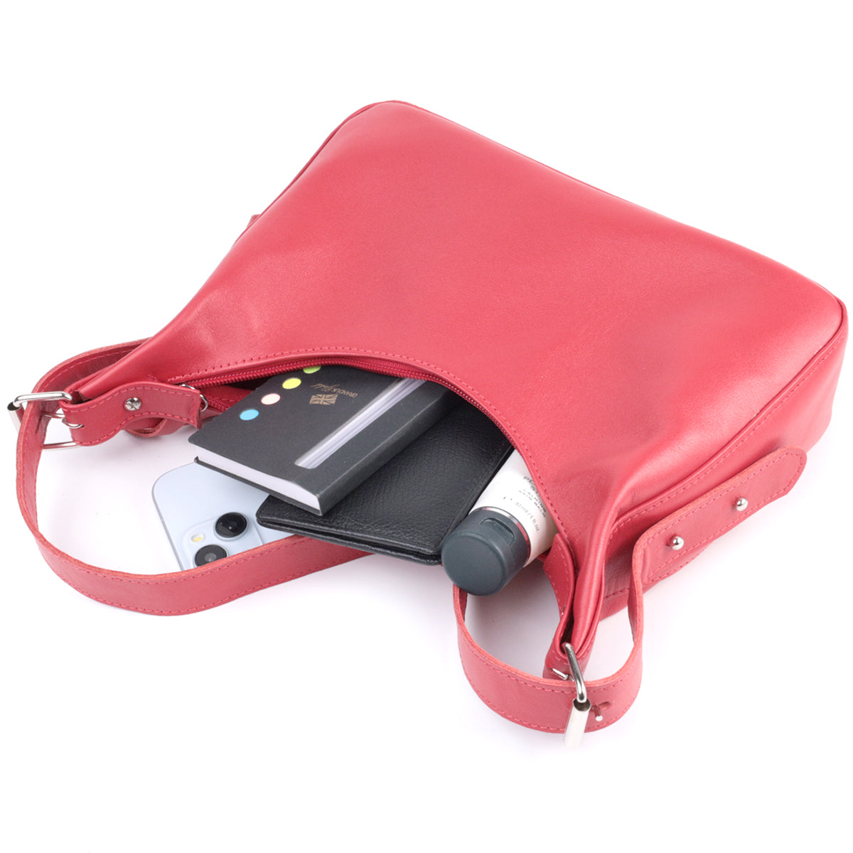 Bright Leather Baguette Bag with Adjustable Strap SHVIGEL 22832 Red, Made in Ukraine