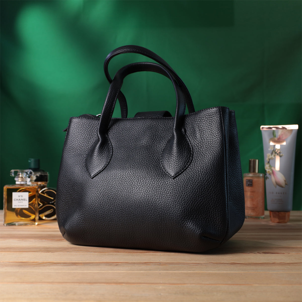 Leather Handbag by SHVIGEL 22829 - Elegant Black Design with Two Handles from Ukraine