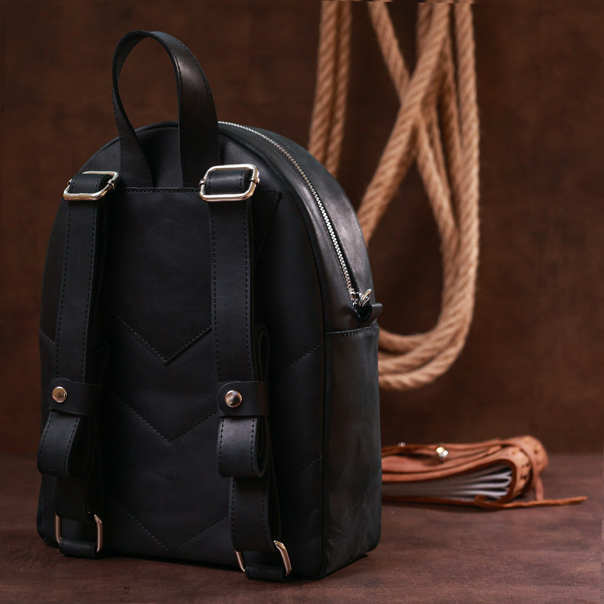 Vintage Universal Backpack SHVIGEL 16313 Black Natural Leather Made in Ukraine