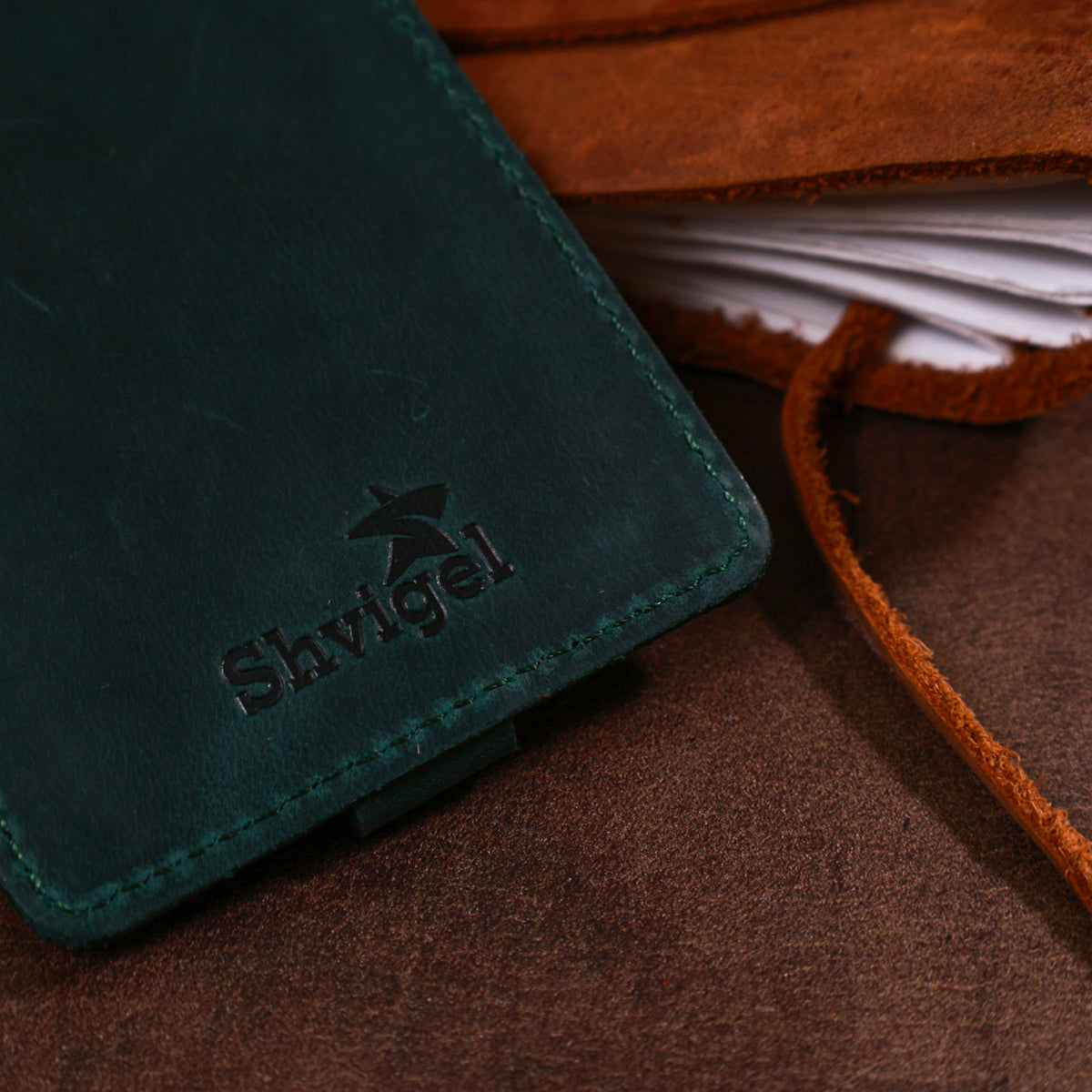 Matte Leather Luggage Tag SHVIGEL 16557 Green Natural Leather for Travel