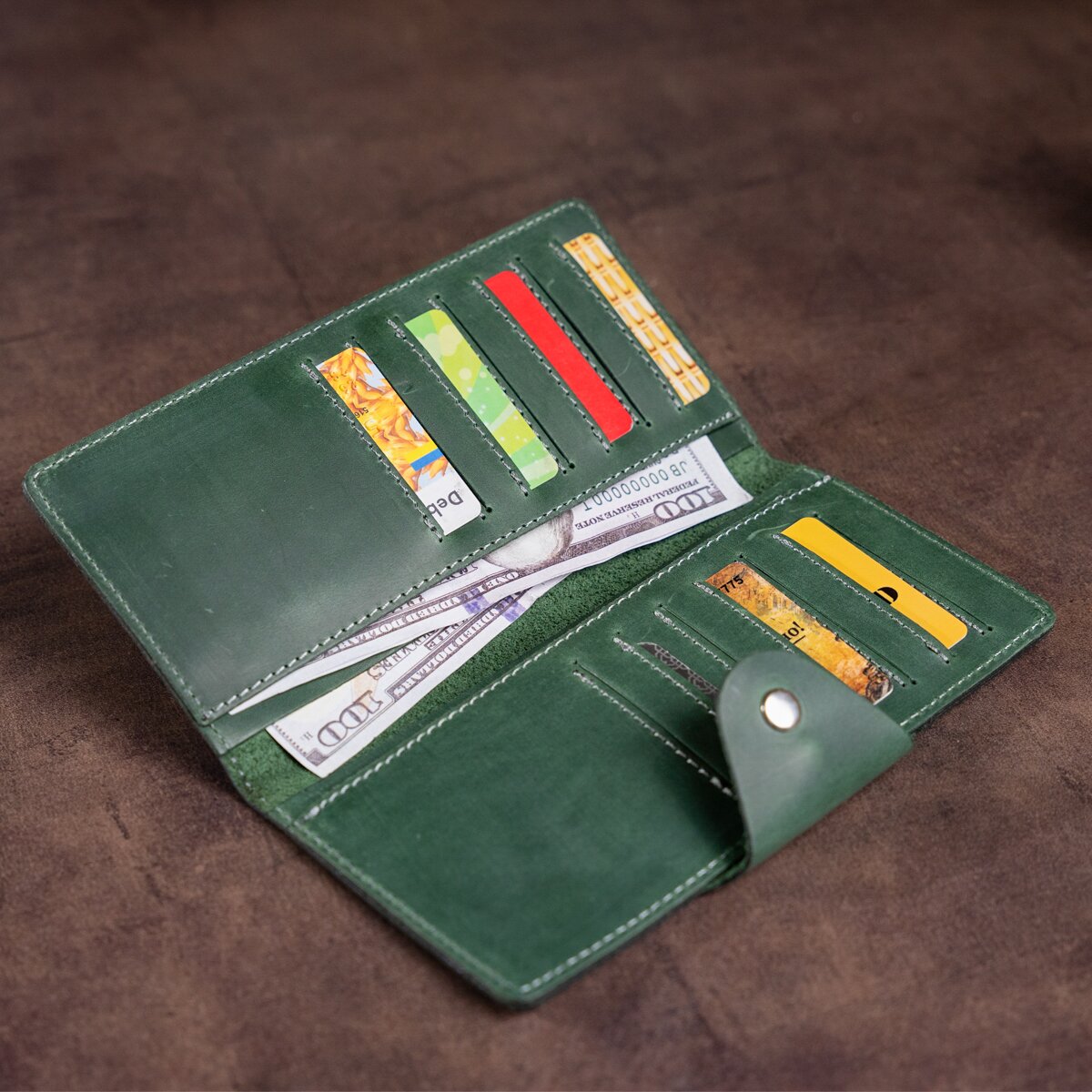 Unisex Vertical Wallet SHVIGEL 16179 Vintage Green Leather with Button Closure
