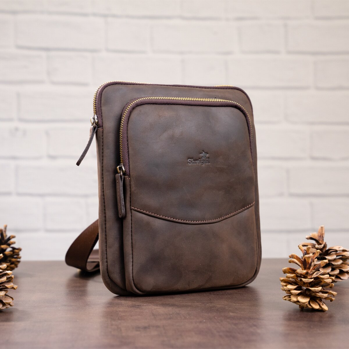 Men's Leather Bag SHVIGEL 11091 Brown Genuine Leather Handmade in Ukraine