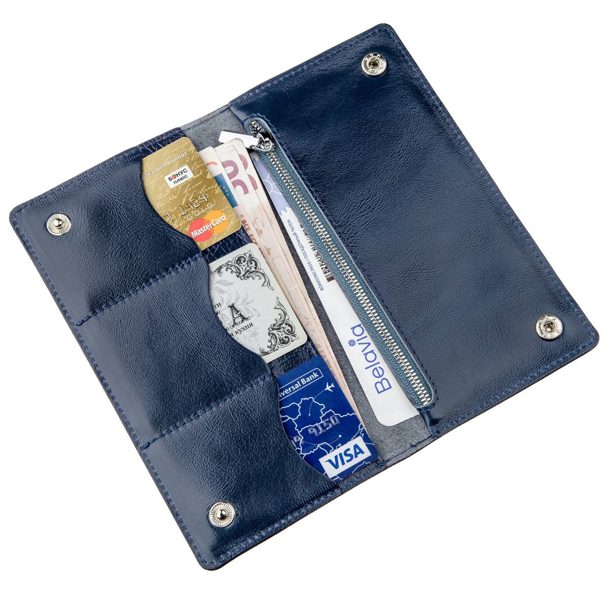 Unisex Leather Wallet with Snap Closure by SHVIGEL, Model 16192, Blue - Made in Ukraine