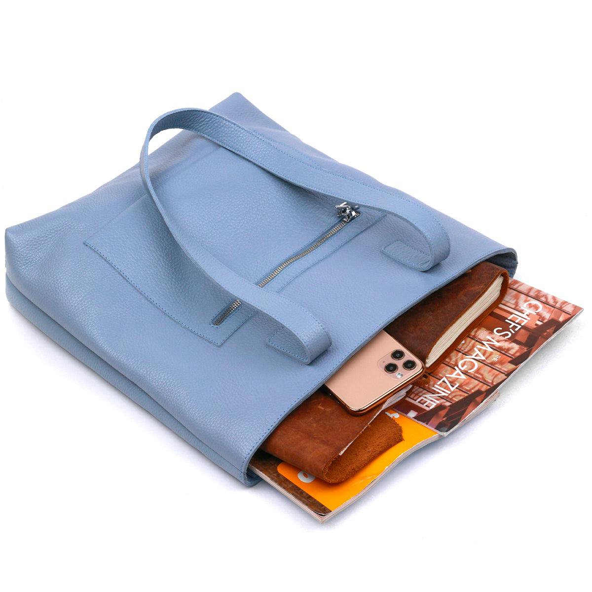 Contemporary Women's Shopper Bag SHVIGEL 16361 Light Blue Genuine Leather