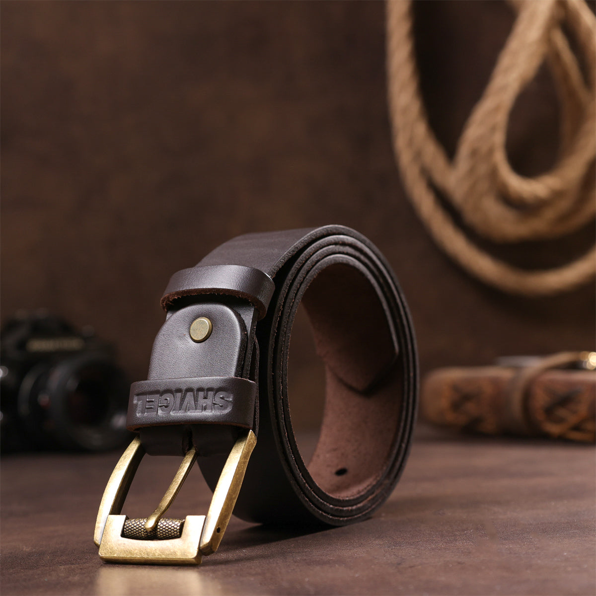 Men's Leather Belt by SHVIGEL 00023 Brown - Genuine Leather from Ukraine