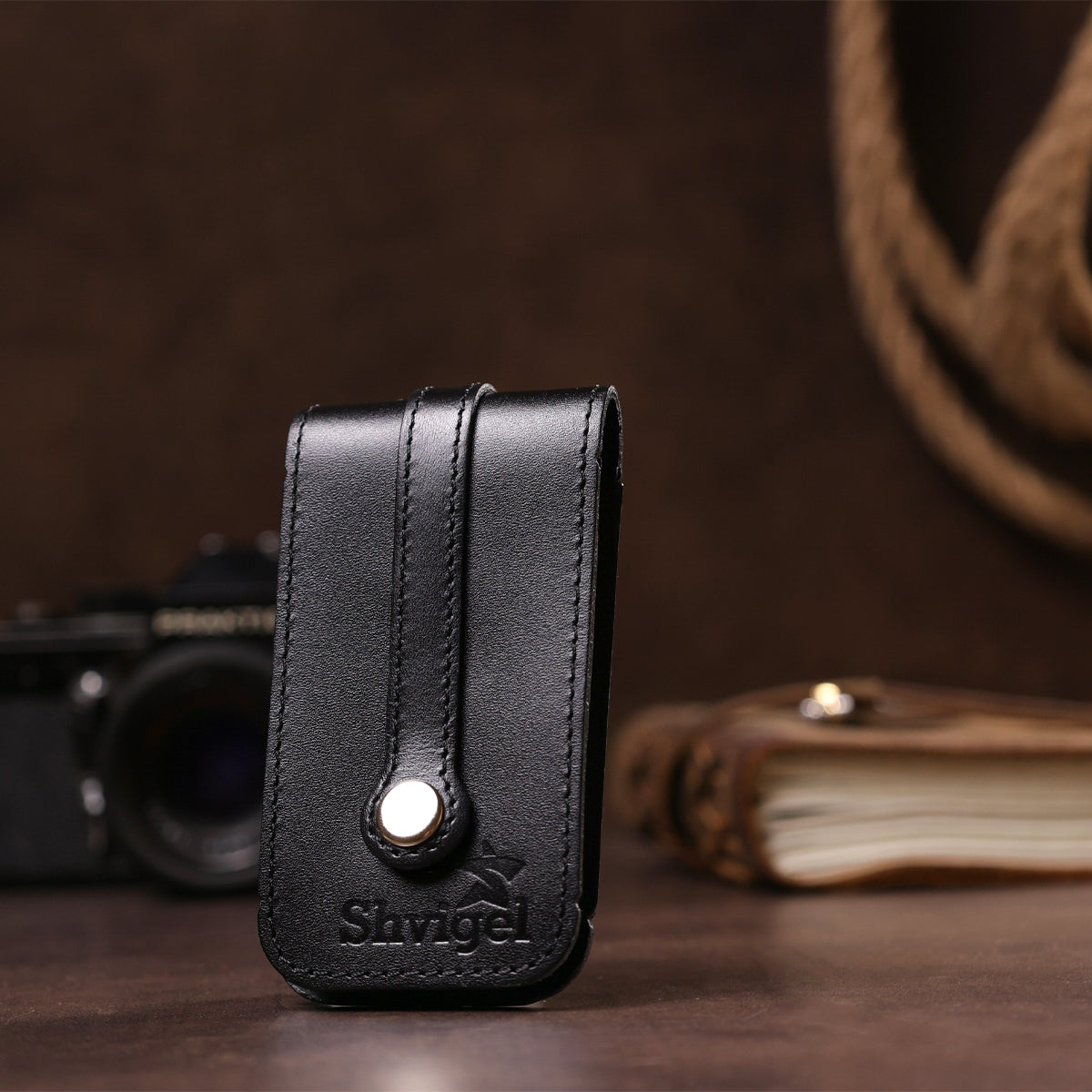 Compact Leather Key Holder with Strap SHVIGEL 13988 Black, Natural Leather, Made in Ukraine