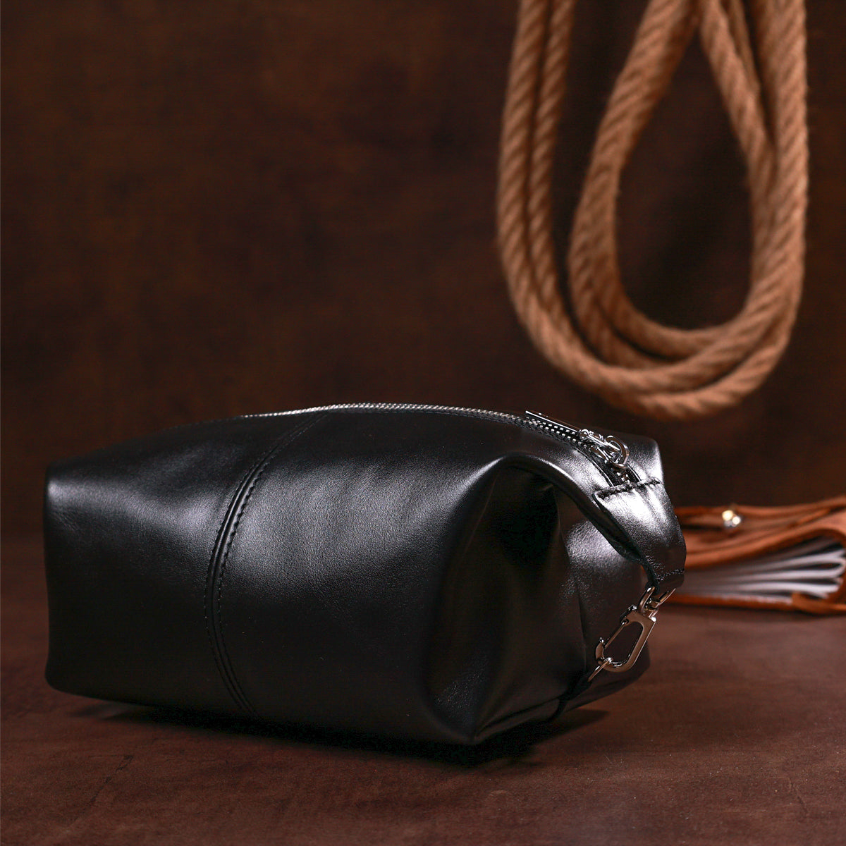 Glossy Cosmetic Bag SHVIGEL 16403 Black Natural Leather for Stylish Looks