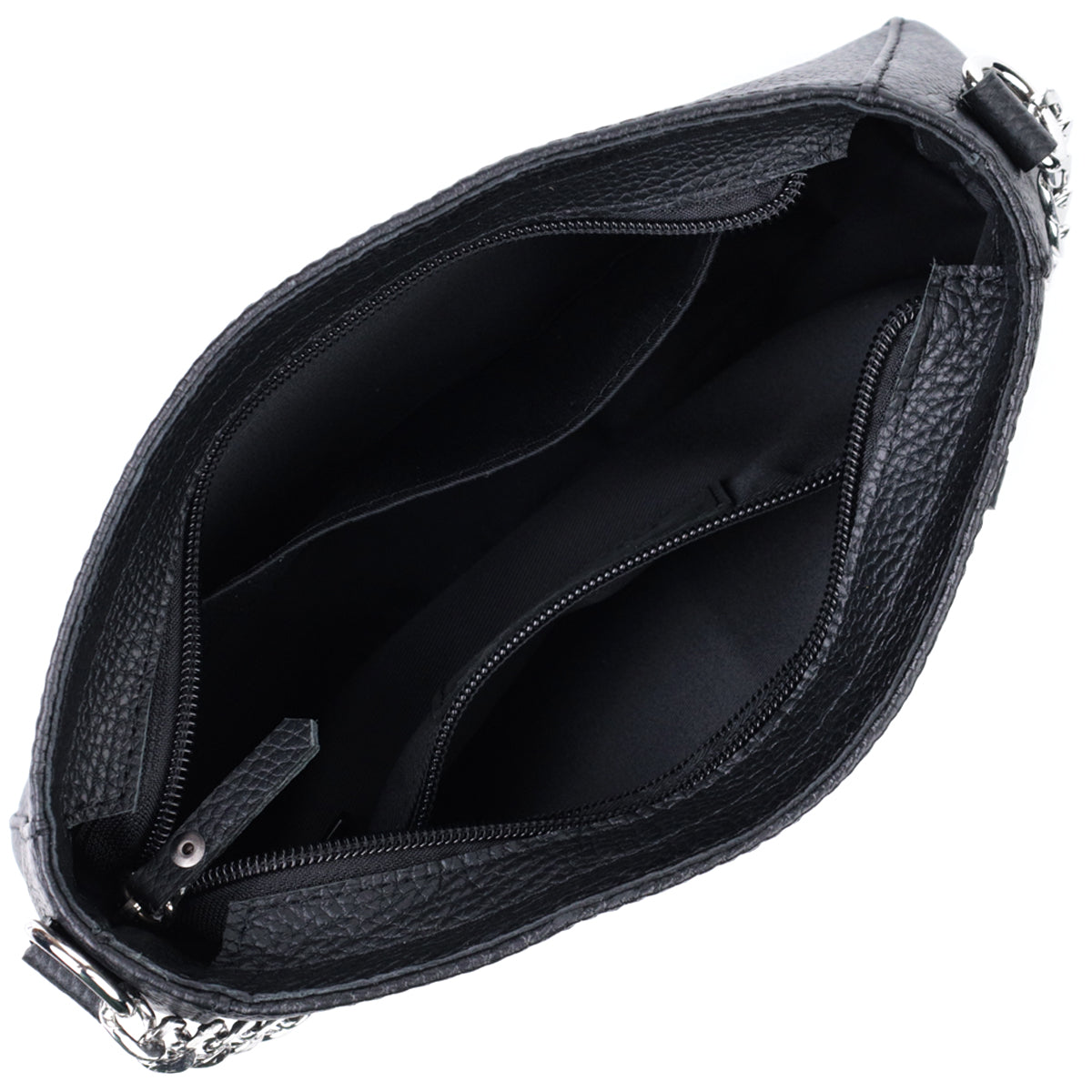 Women’s Baguette Bag with Chain and Detachable Strap, SHVIGEL 22837, Black, Grainy Leather