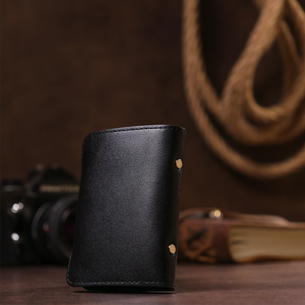 Vertical Holder SHVIGEL 13911 Leather Black for Business Cards - Handmade in Ukraine
