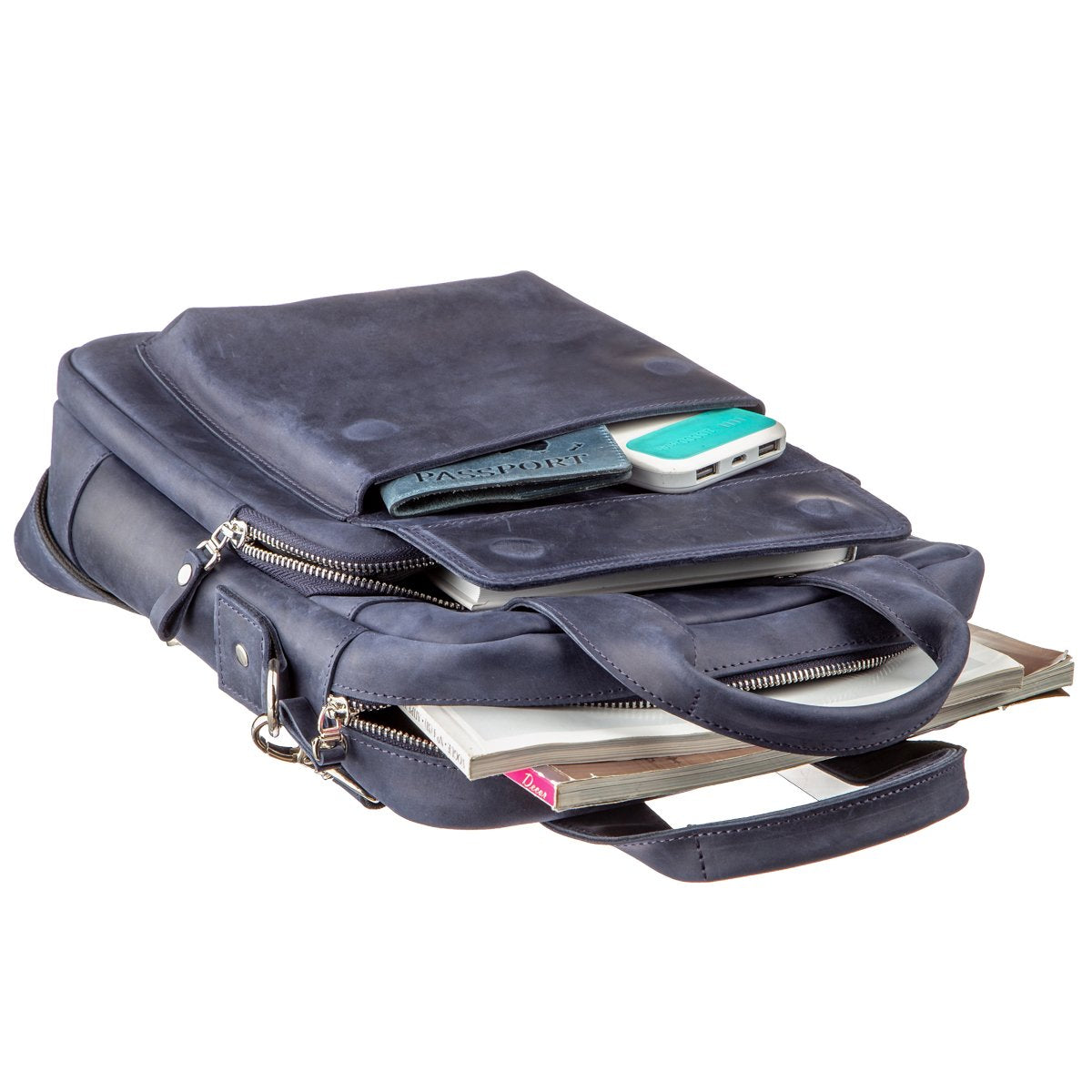 Stylish A4 Vertical Format Bag in Matte Leather by SHVIGEL, Model 11170, Blue Color