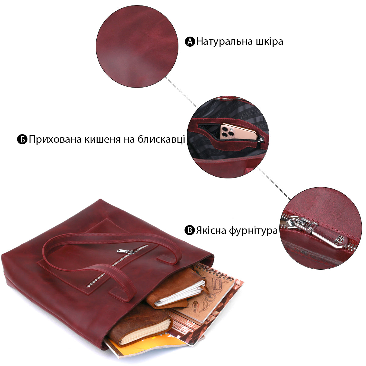 Vintage Women's Shopper Bag SHVIGEL 16350 Burgundy - Genuine Leather from Ukraine