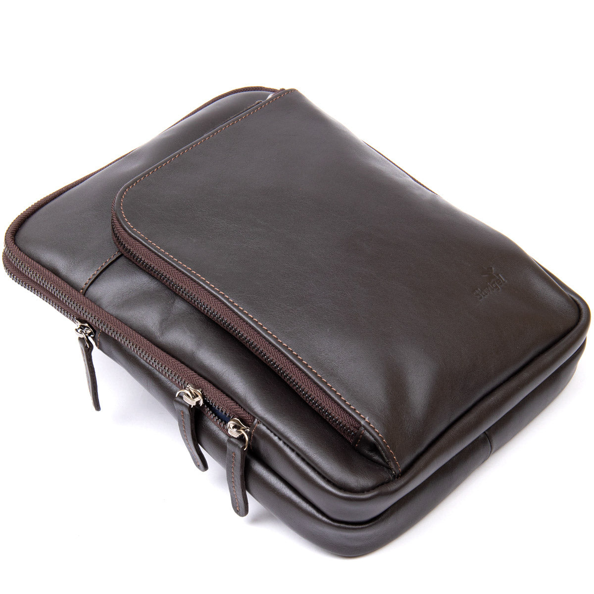 Stylish Tablet Bag SHVIGEL 11282 Brown Smooth Leather with Zipper Pocket