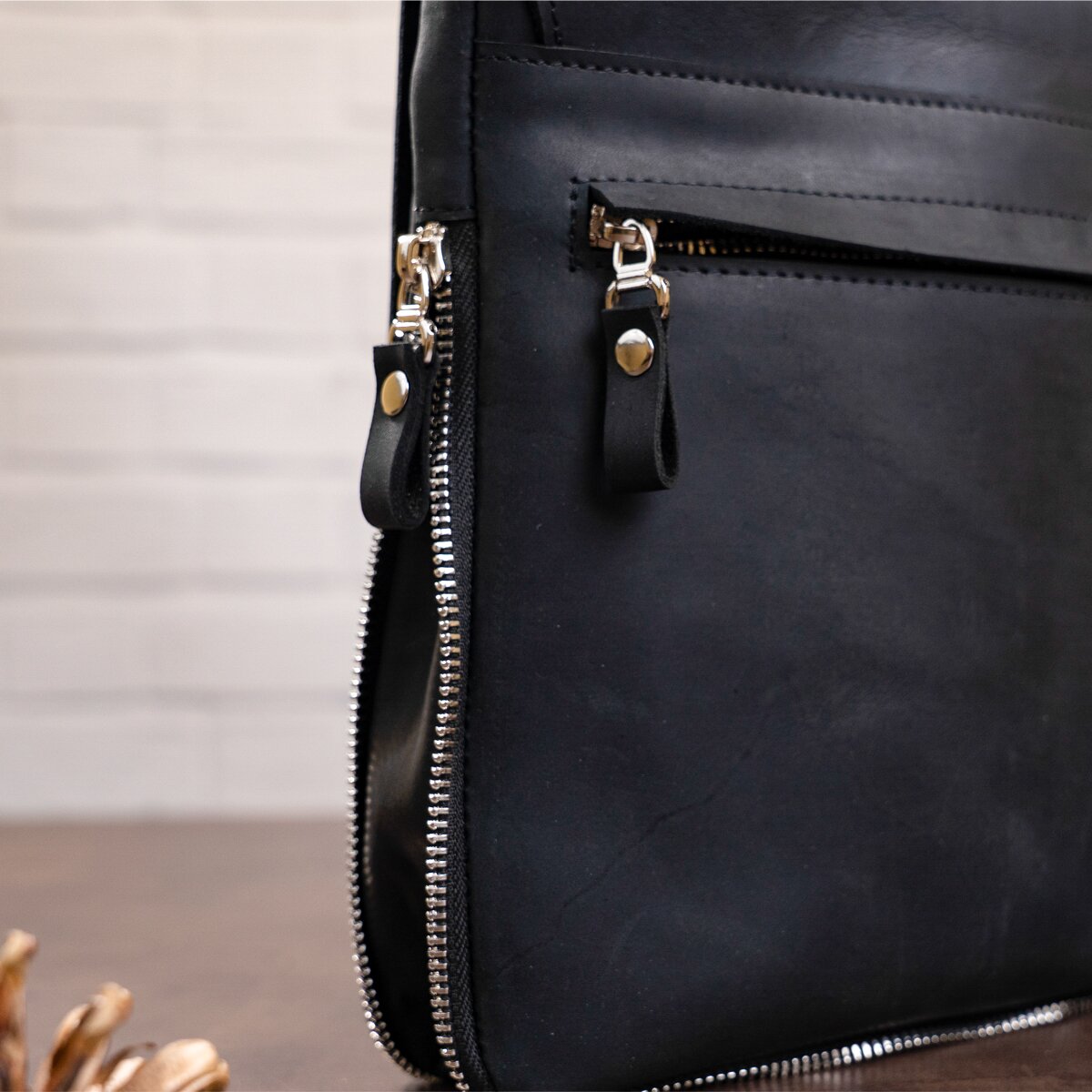 Vintage Leather Bag SHVIGEL 11017 Black Natural Leather Handmade in Ukraine