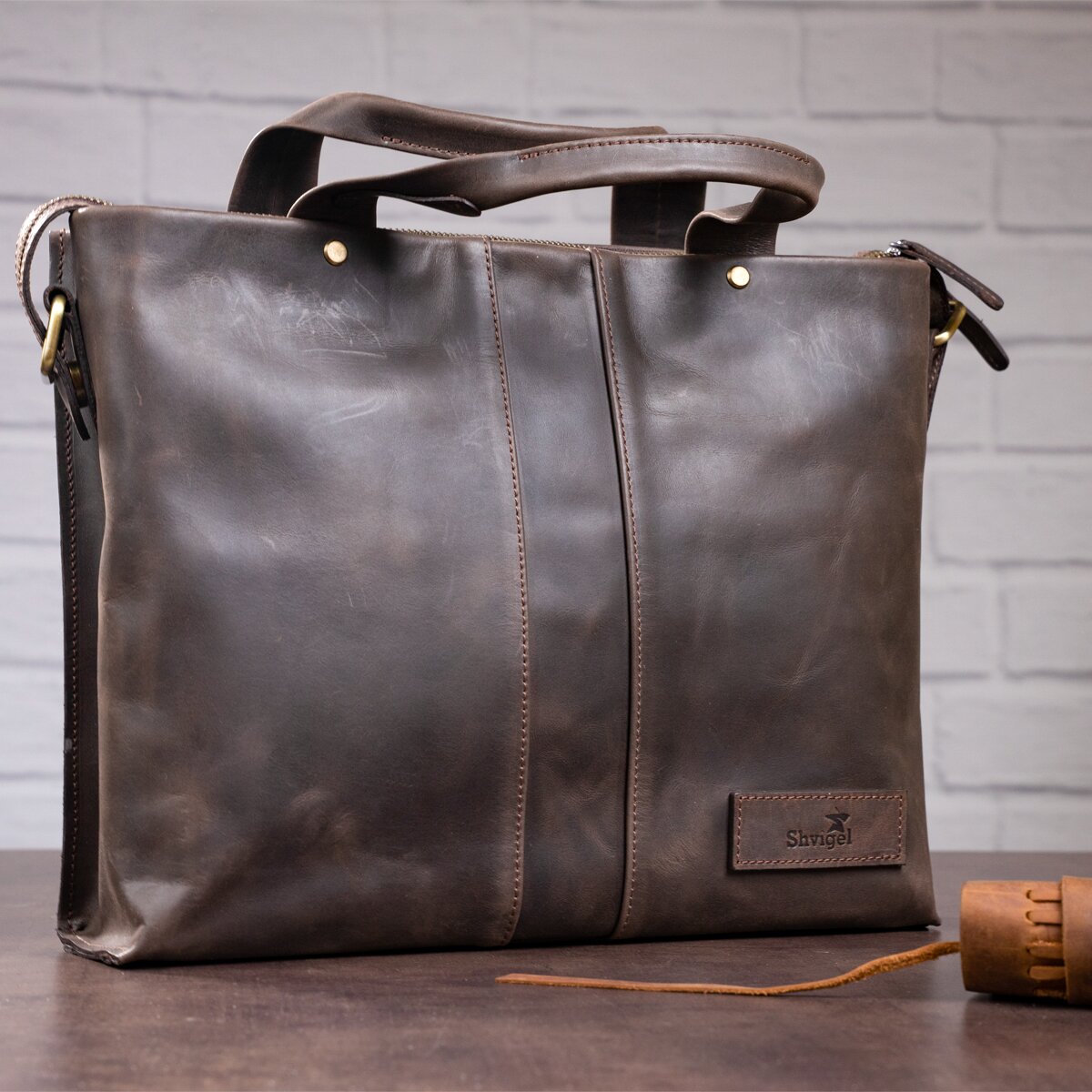 Men's Leather Bag SHVIGEL 11115 Brown Natural Leather Made in Ukraine