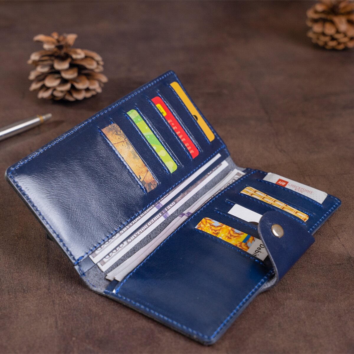 Unisex Leather Wallet SHVIGEL 16170 Blue Alcor with Buttons - Genuine Leather from Ukraine