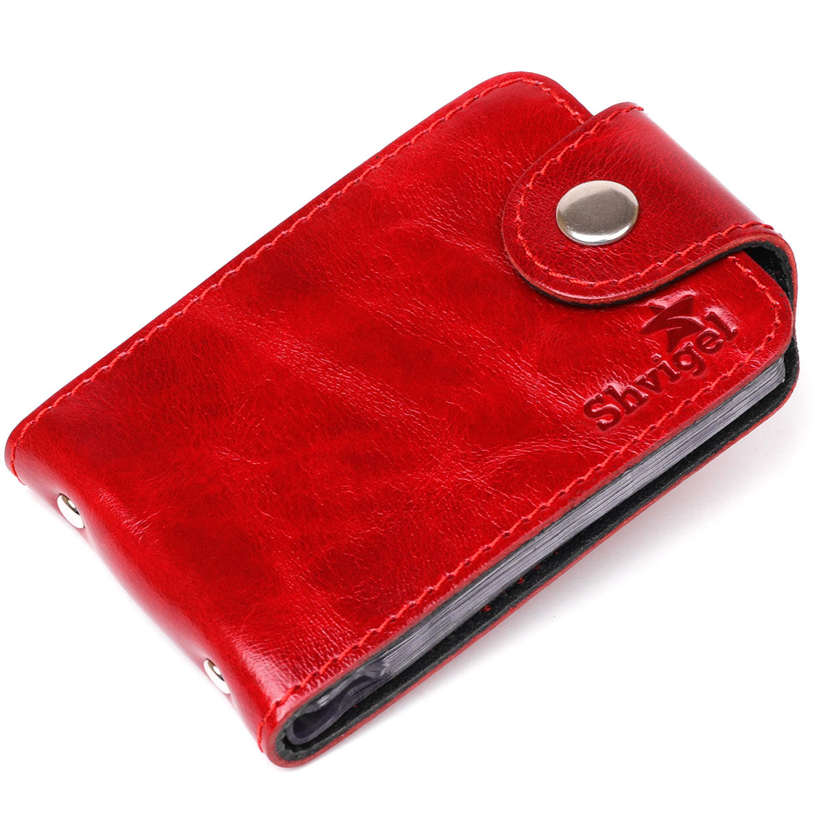Horizontal Business Card Holder SHVIGEL 13913 Leather Red Natural Leather, Ukraine