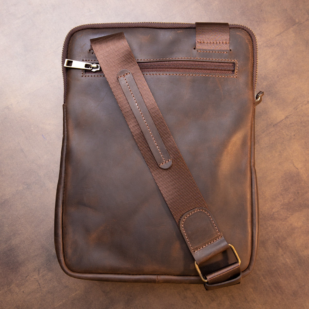 Original SHVIGEL Bag with Zippered Pocket in Matte Brown Leather 11280 - Ukrainian Craftsmanship