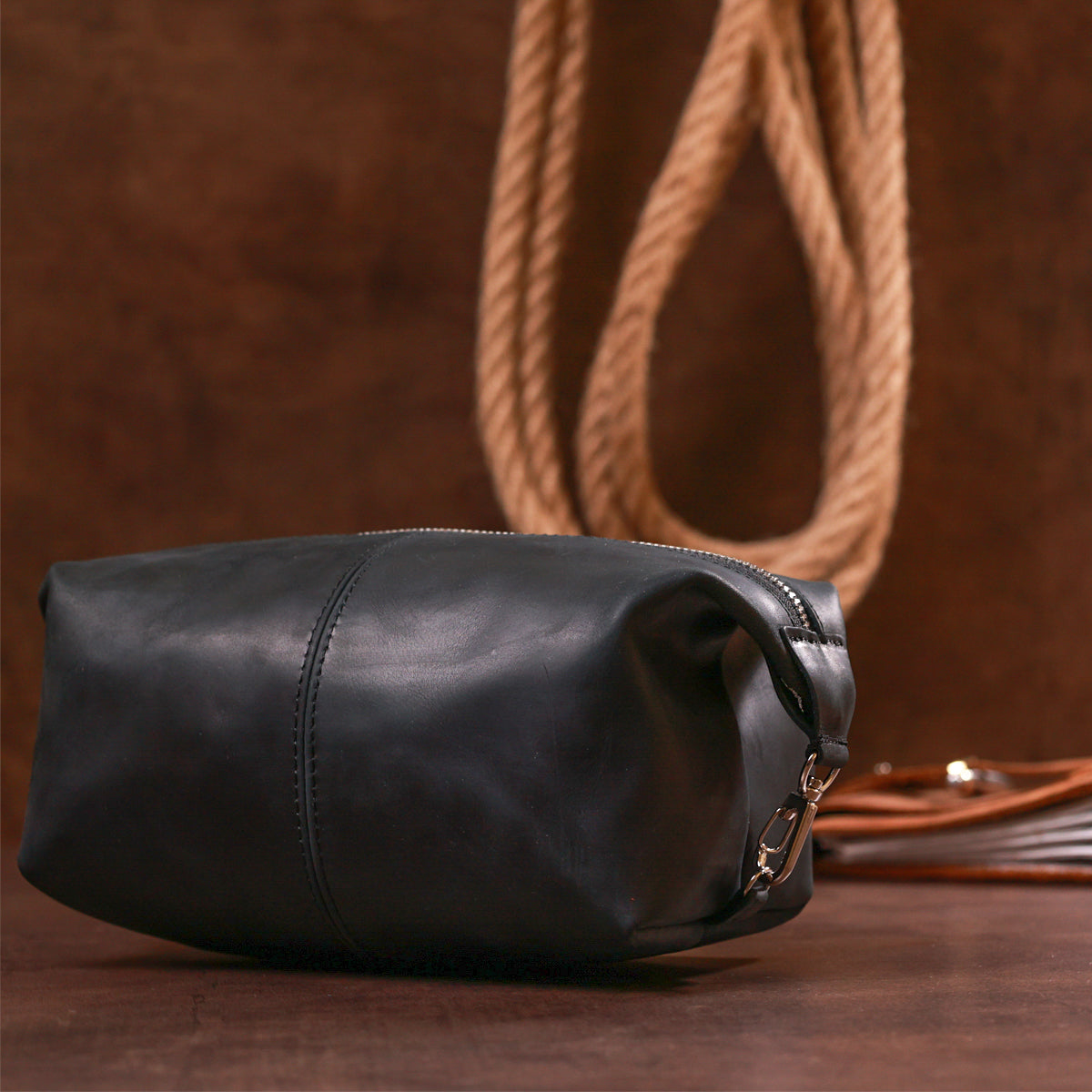 Stylish Vintage Cosmetic Bag SHVIGEL 16397 Black Natural Leather Made in Ukraine