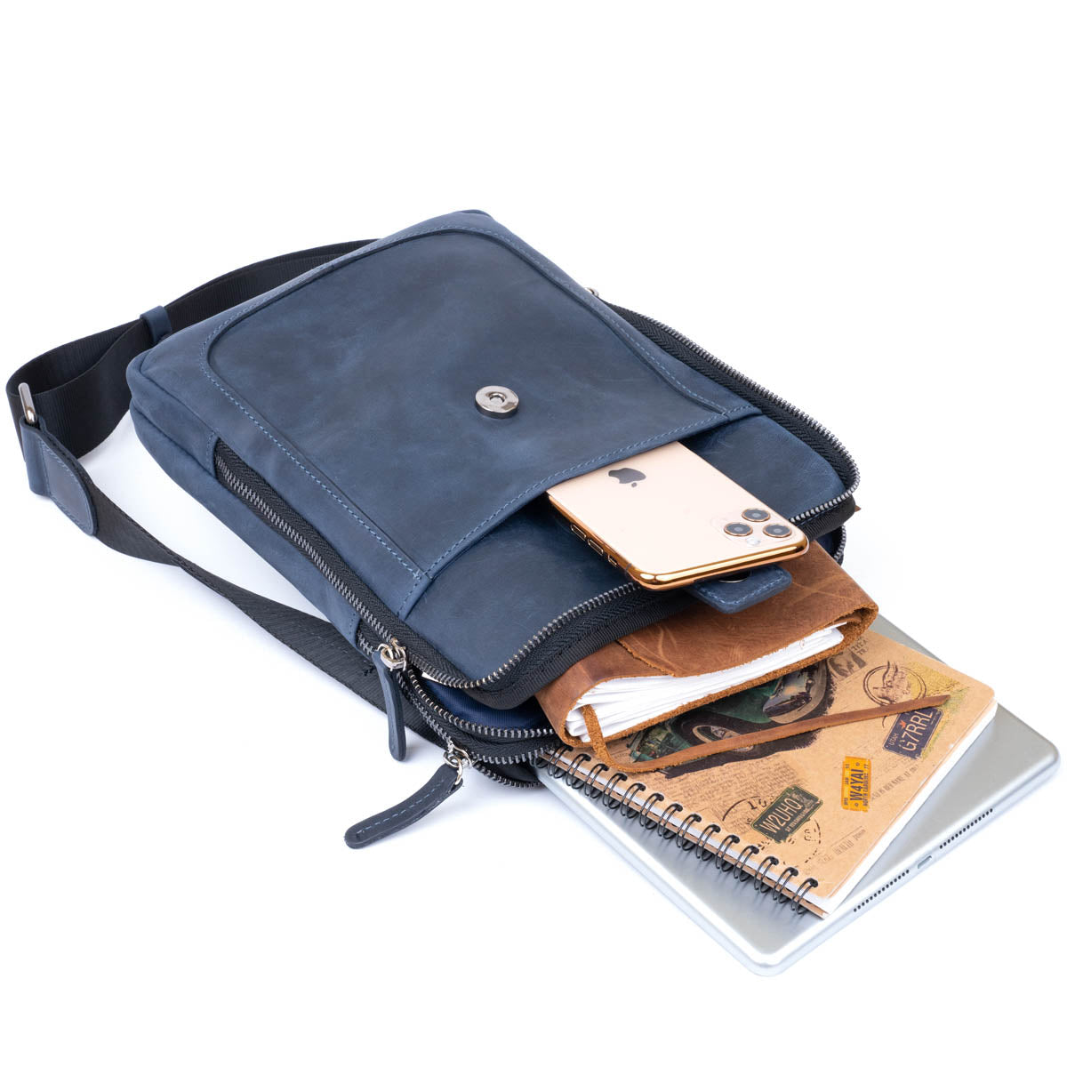 Men's Vintage Leather Tablet Bag SHVIGEL 11284 Blue Dual Compartment Natural Leather
