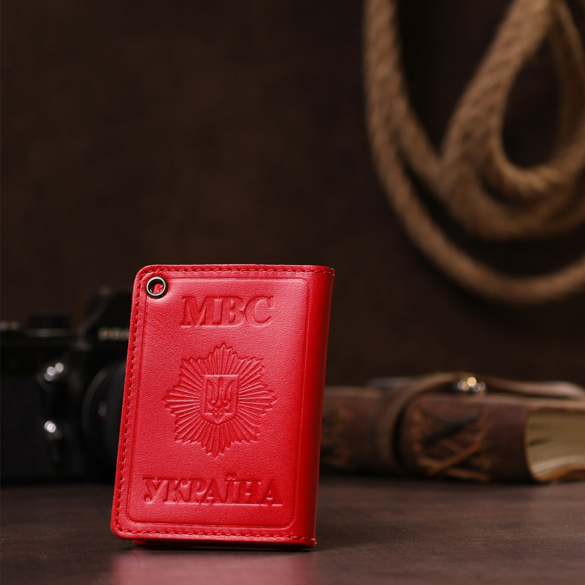 Compact Document Cover SHVIGEL 13978 Red Genuine Leather for MVS Ukraine