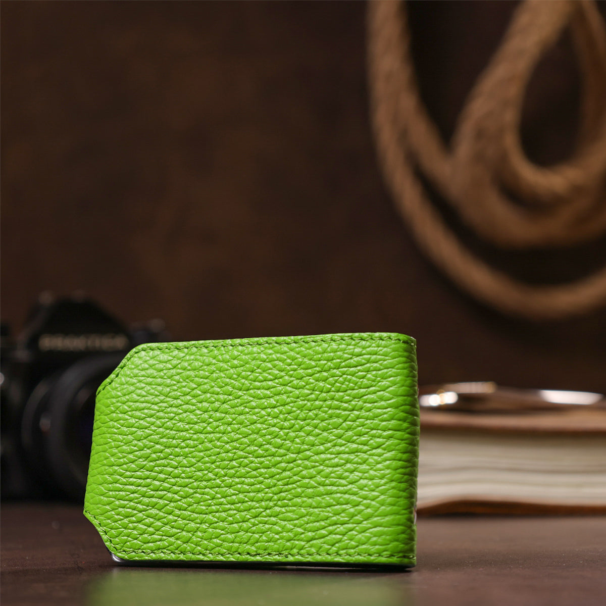 Horizontal Business Card Holder SHVIGEL 13916 Leather Green Natural Leather Quality
