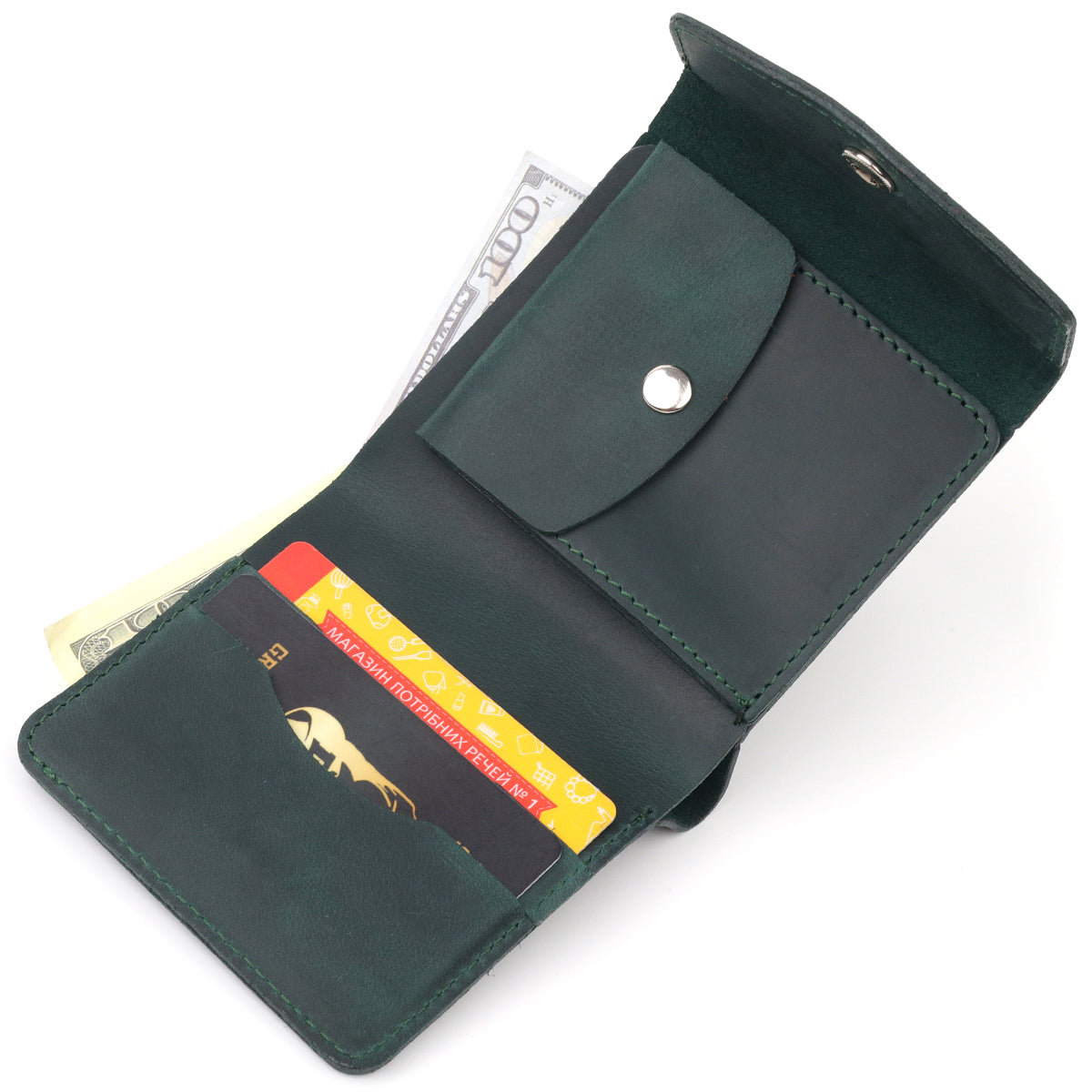 Vintage Leather Wallet SHVIGEL 16615 Green Made in Ukraine, Genuine Leather