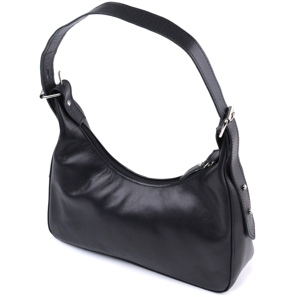 SHVIGEL Women's Baguette Bag with Adjustable Strap, Smooth Natural Leather, Black, Model 22834
