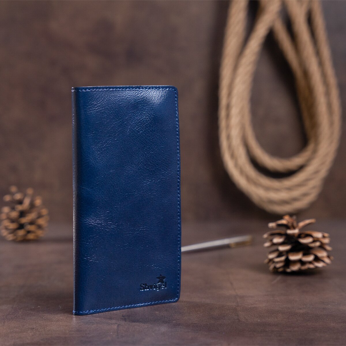 Unisex Leather Wallet with Snap Closure by SHVIGEL, Model 16192, Blue - Made in Ukraine