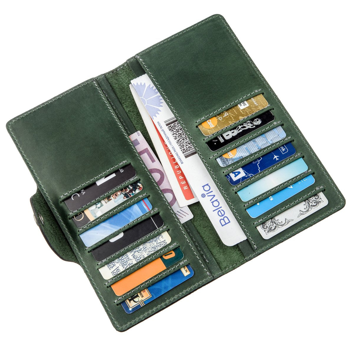 Unisex Vertical Wallet SHVIGEL 16179 Vintage Green Leather with Button Closure