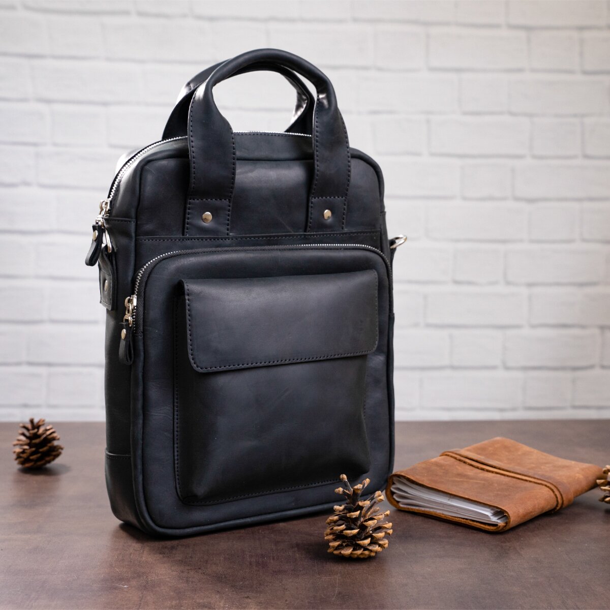 Vertical Men's Bag SHVIGEL 11169 A4 Size Black Matte Natural Leather