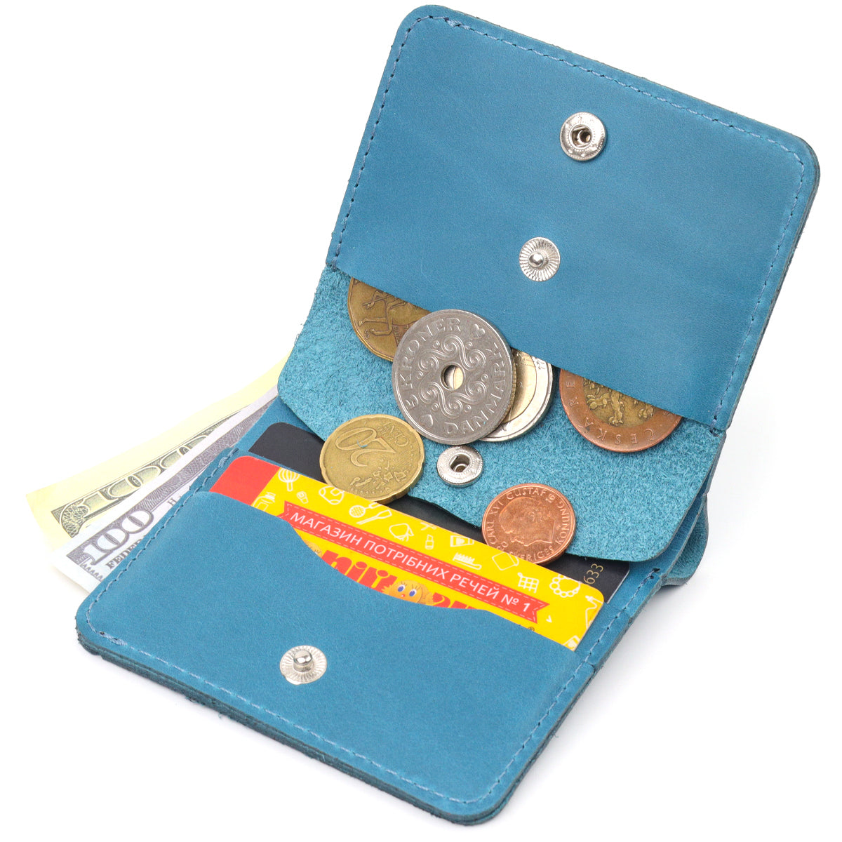 Vintage Leather Wallet SHVIGEL 16605 Blue Natural Leather Made in Ukraine