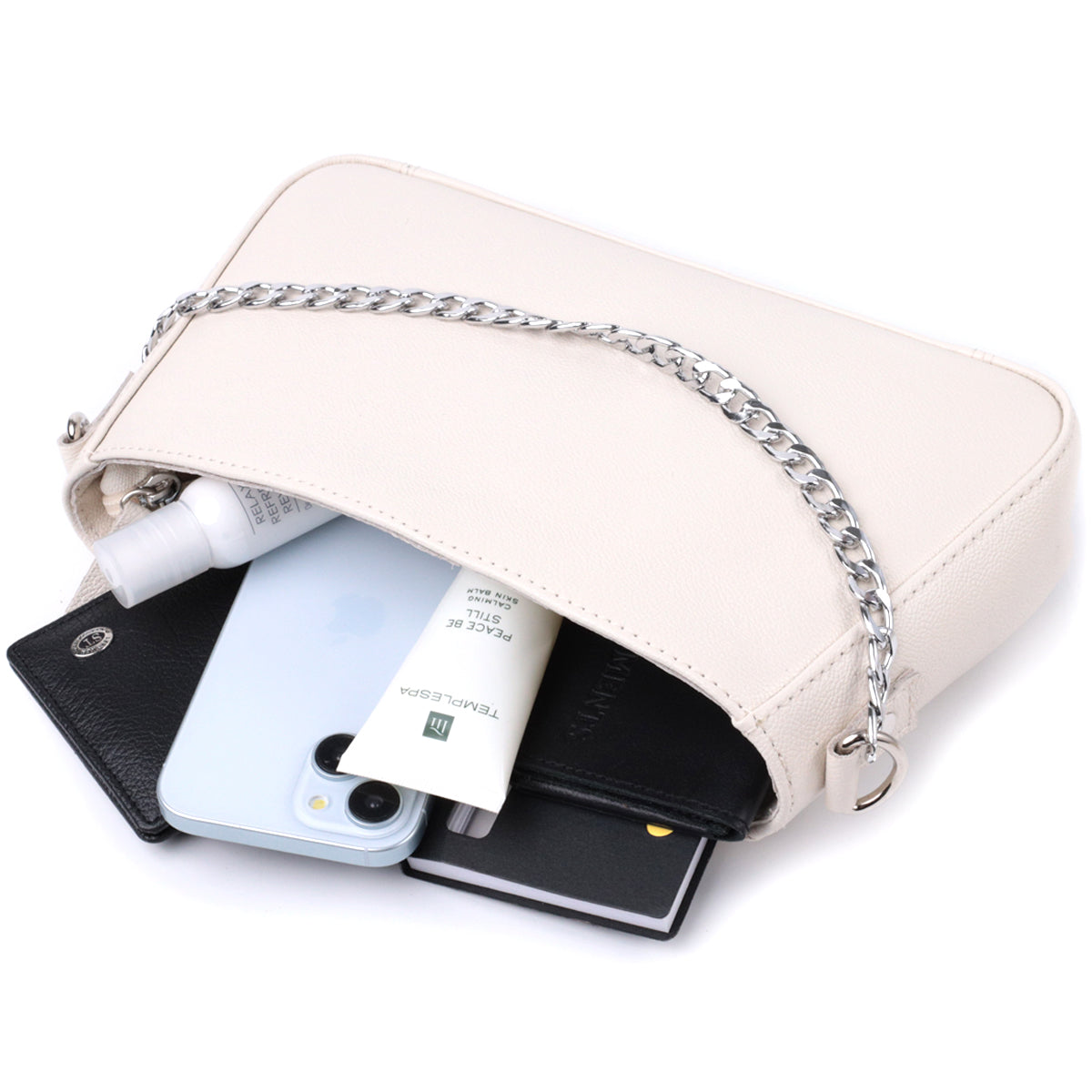 Baguette Bag SHVIGEL 22835 Beige with Chain and Removable Strap Made of Genuine Leather