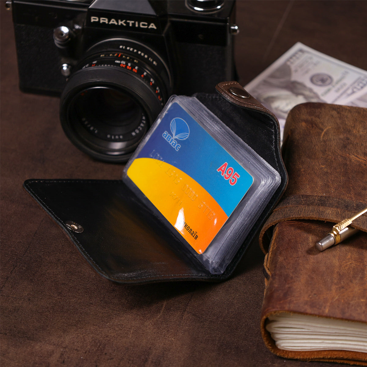 Vertical Business Card Holder SHVIGEL 13908 Leather Brown Natural Skin for Business Cards