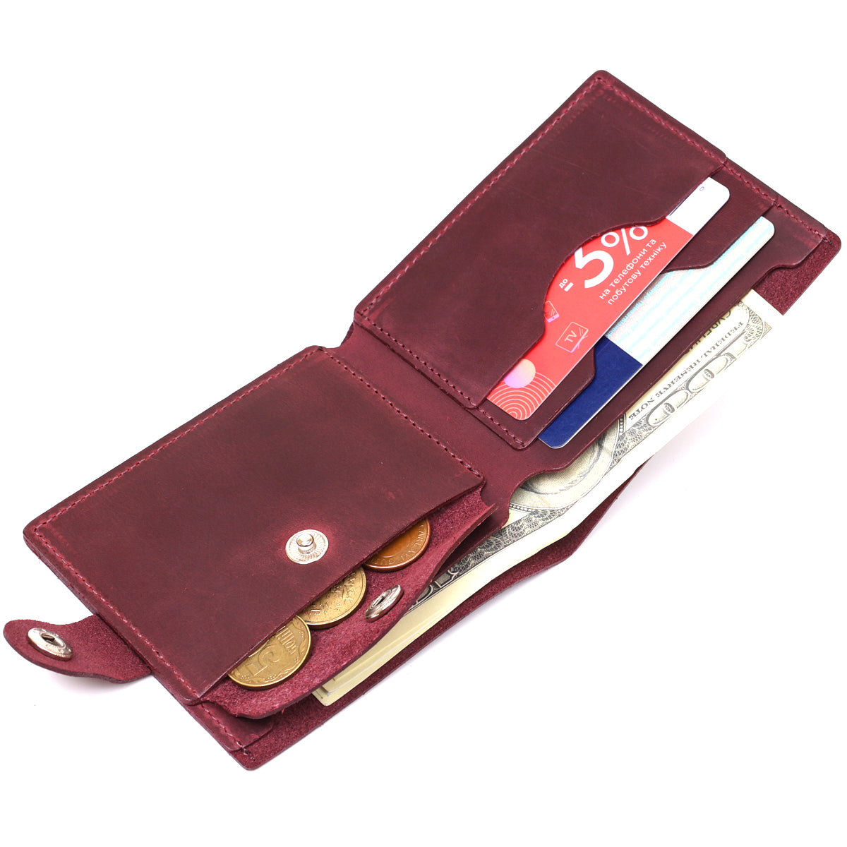 Leather Vintage Wallet SHVIGEL 16436 Burgundy | Natural Leather, Ukraine Made