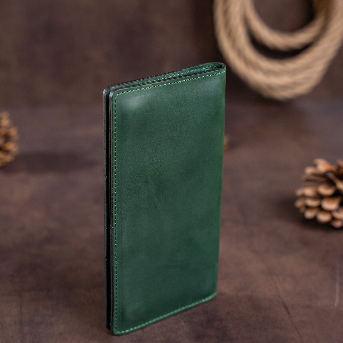 Unisex Vertical Wallet SHVIGEL 16197 Green Crazy Horse Leather Made in Ukraine