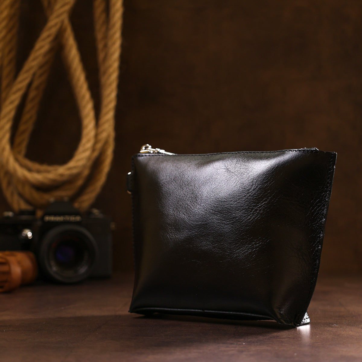 Comfortable Leather Cosmetic Bag SHVIGEL 16409 Black Natural Leather, Made in Ukraine