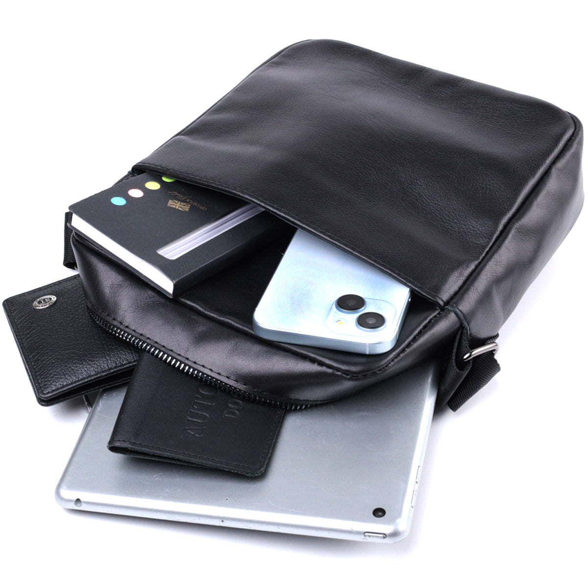 Adjustable Crossbody Bag SHVIGEL 22849 Black Glossy Genuine Leather for Men
