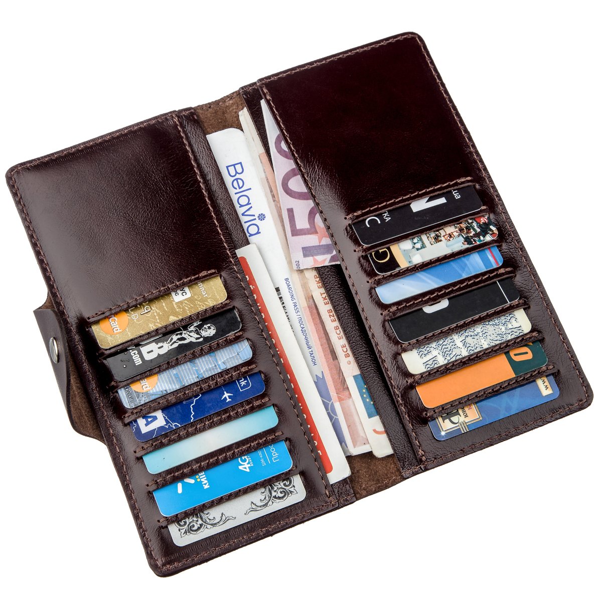 Vertical Wallet SHVIGEL 16171 Brown Alcor Leather with Snap Closure, Ukraine Made