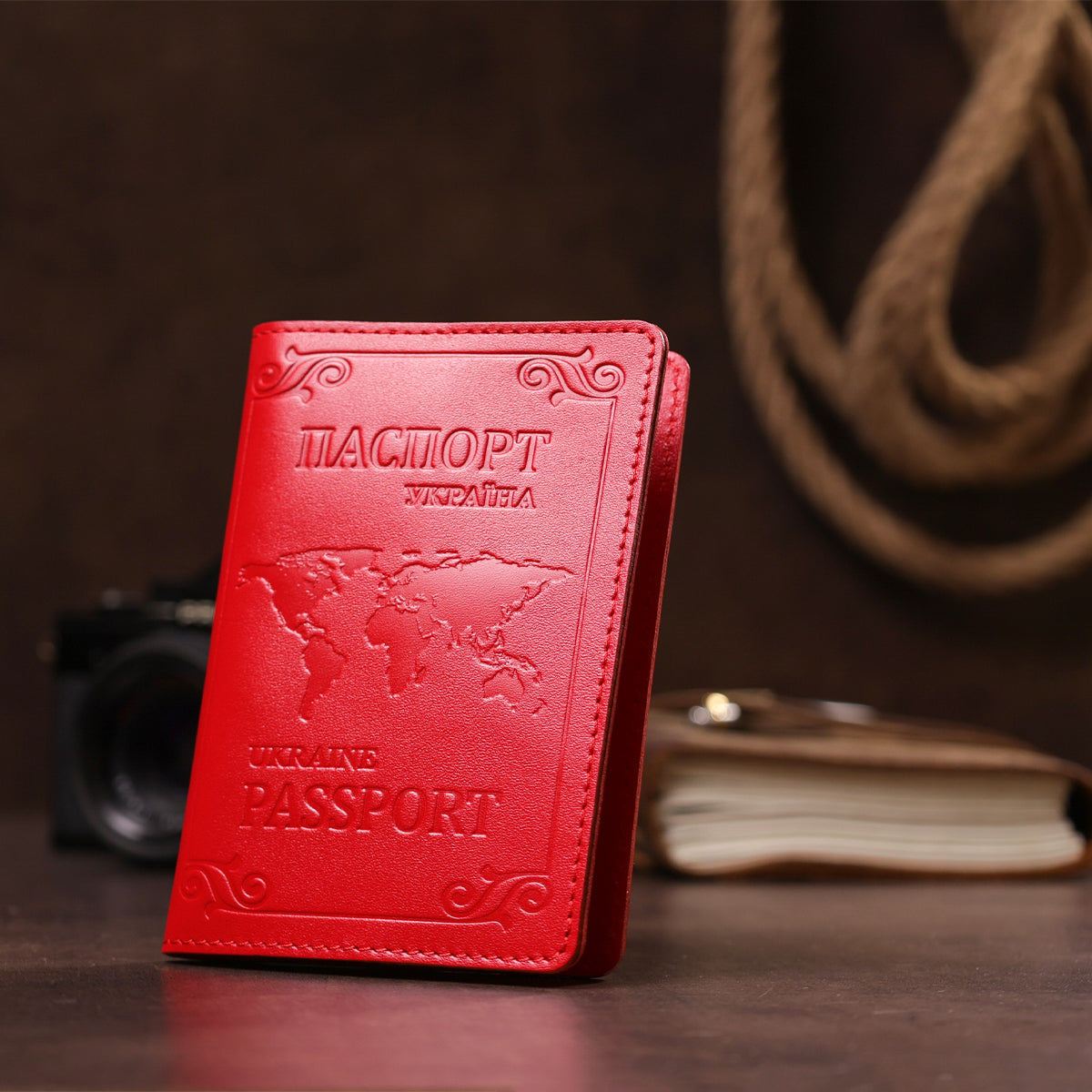 Leather Passport Cover with Card Slot and Frame by SHVIGEL 13981 Red, Genuine Leather