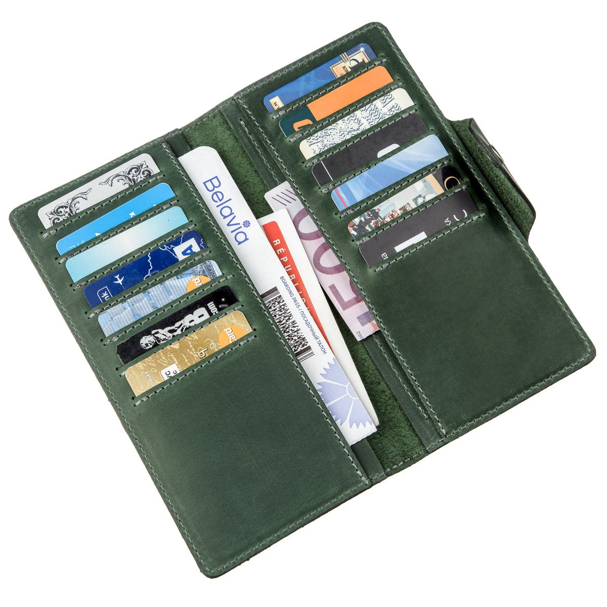 Unisex Vertical Wallet SHVIGEL 16179 Vintage Green Leather with Button Closure